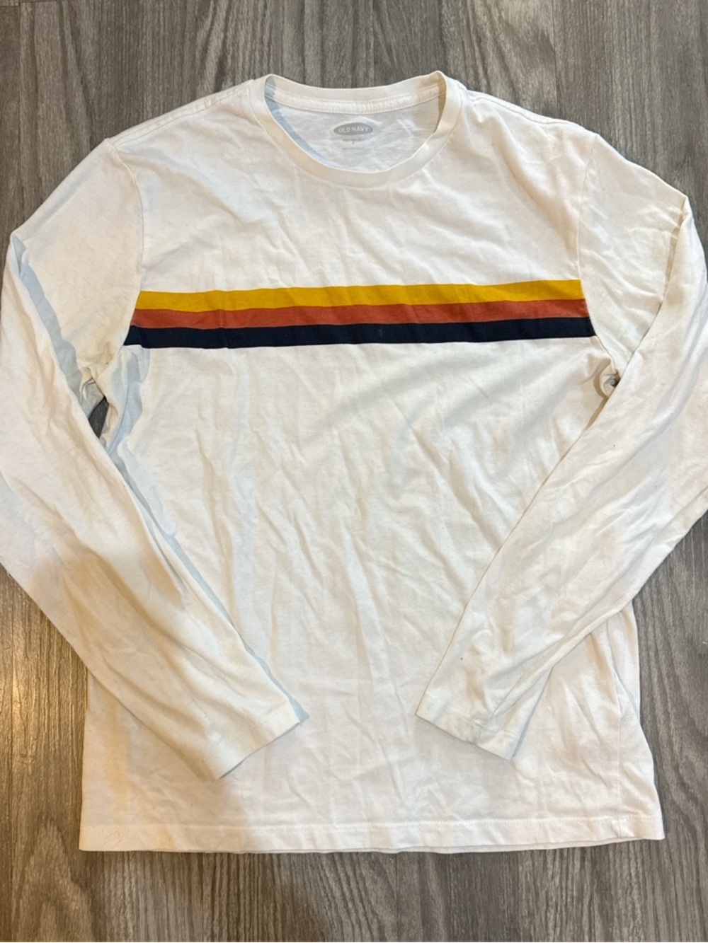 Old Navy White Long-Sleeve Tee with Yellow, Orange and Navy Stripes